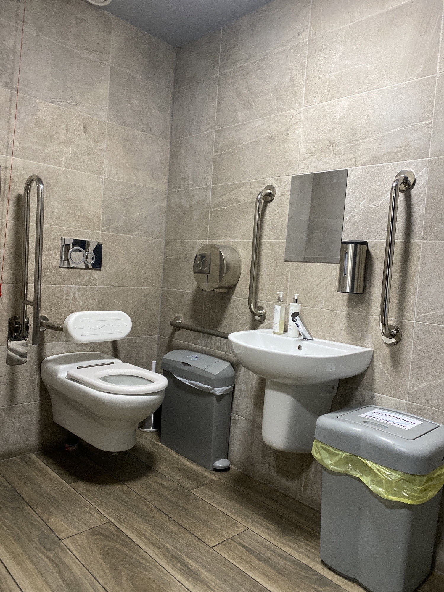 Photo from entrance bathroom on the far left corner. Sink on wall opposite the entrance. Sanitary bin on left of the bathroom.