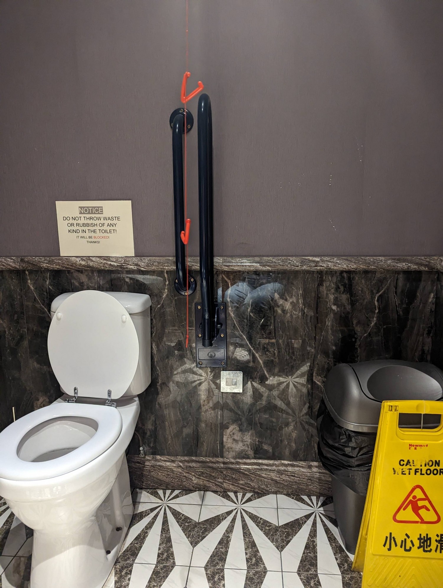 Right side transfer to bathroom. Bin the right of space. Short (broken) pull cord. Blue contrast grab rails