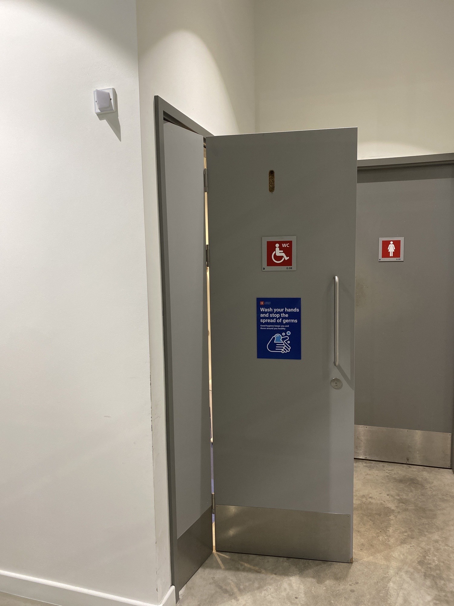 Wheelchair accessible bathroom. The door opens outwards.