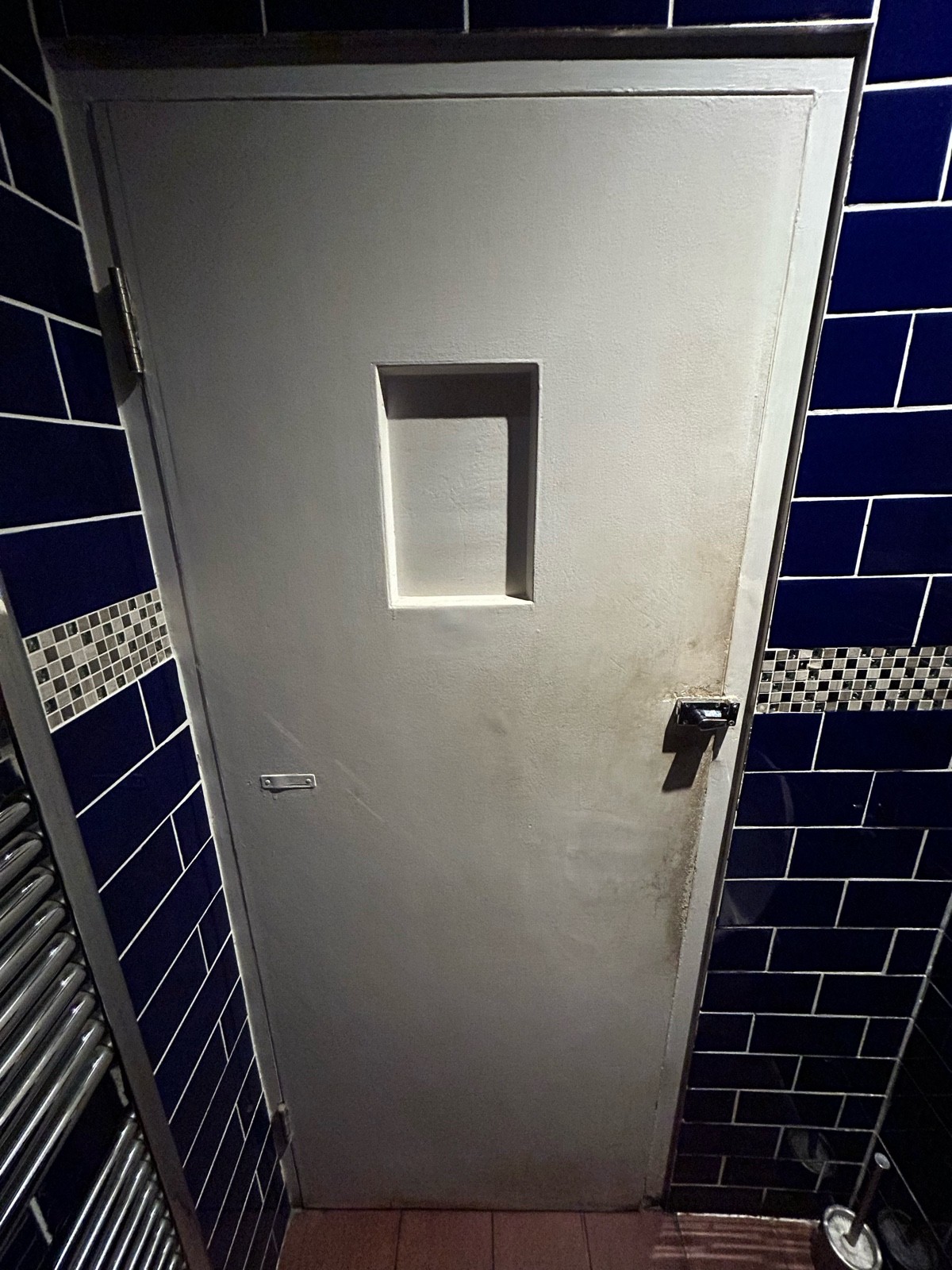 Facing back of toilet door. White wooden door, silver lock on right. Pull to open.