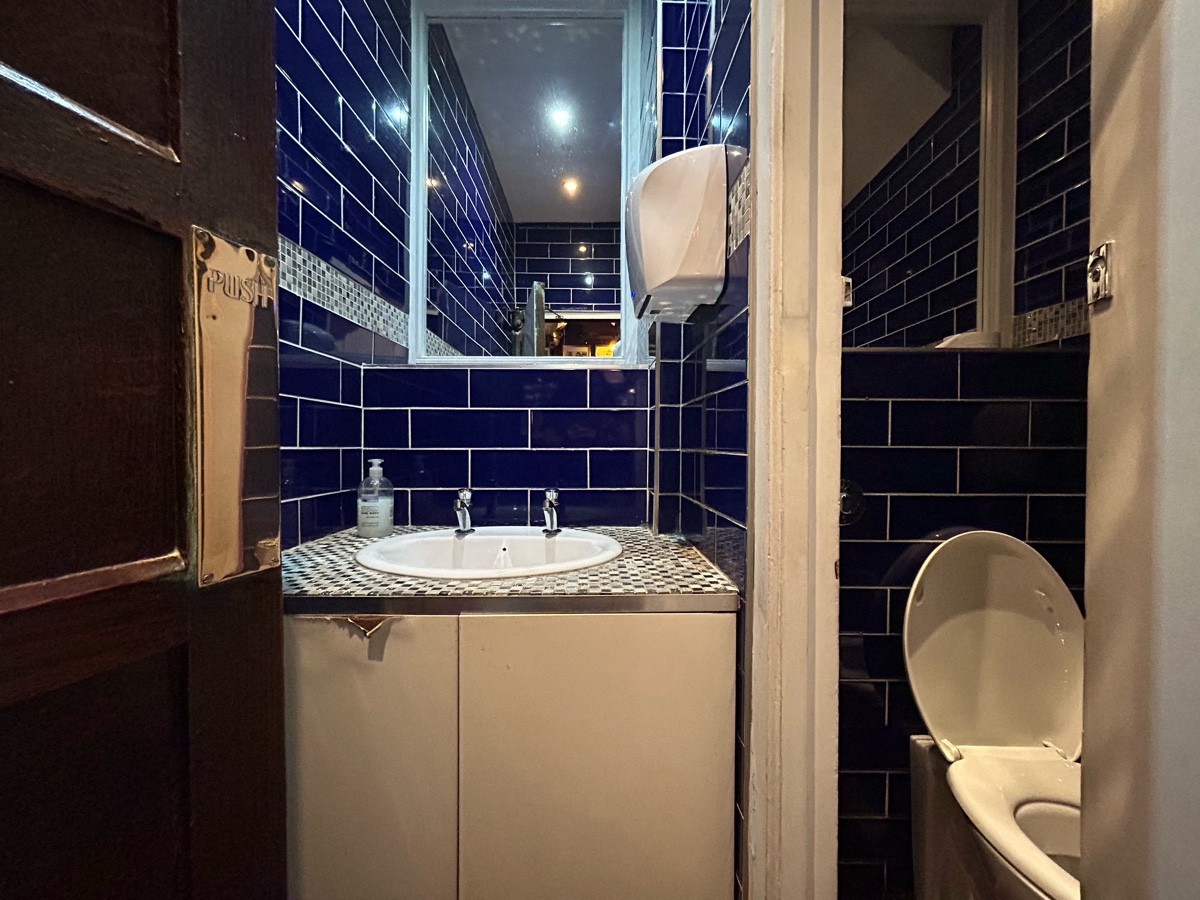 From doorway facing straight. Sink along back wall. Toilet cubicle on right.