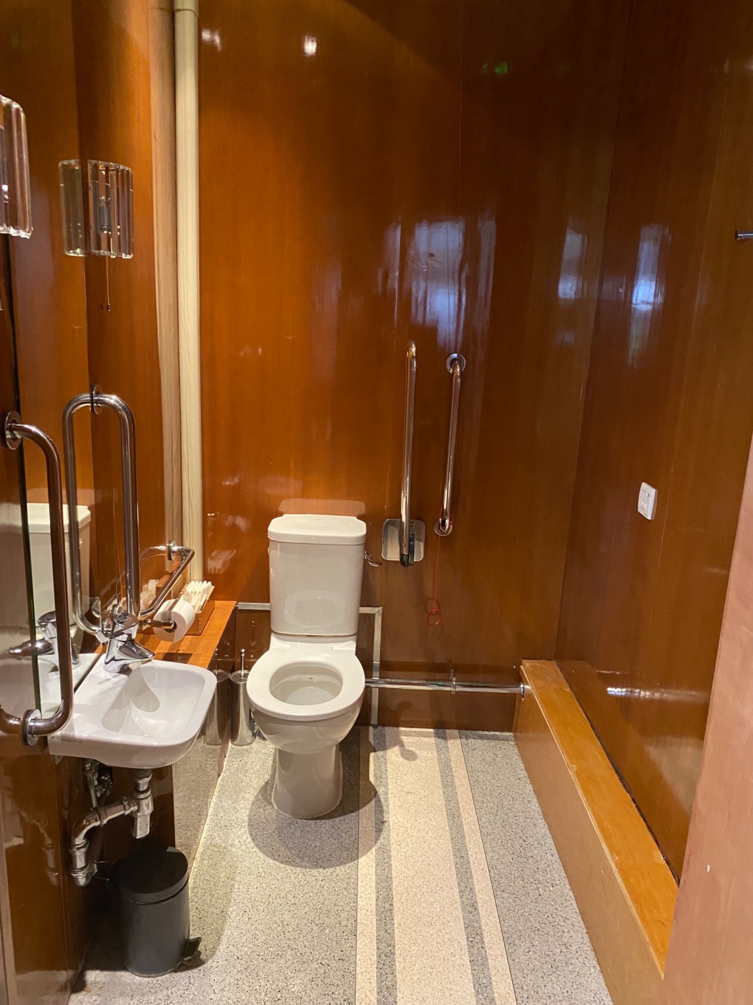 From door, straight ahead. Sink up front on left wall. Toilet on back wall with emergency pull chord on right.