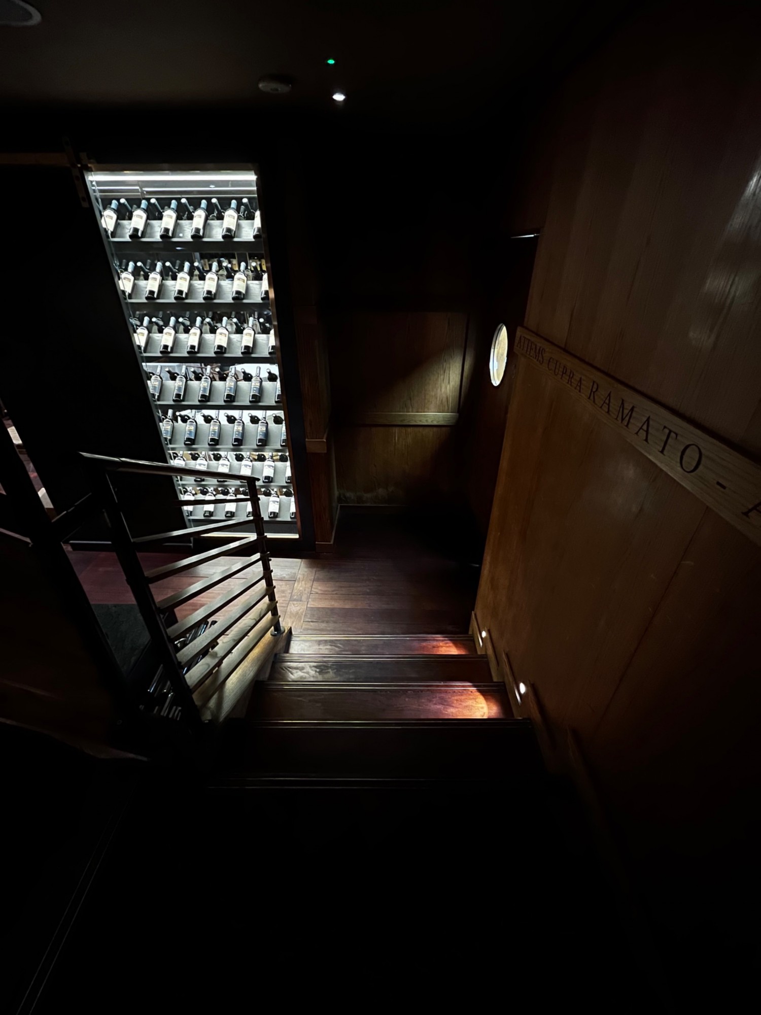 Continuation of downstairs staircase facing left from second landing. Handrail on left. Downstairs bar area after turning left at floor.