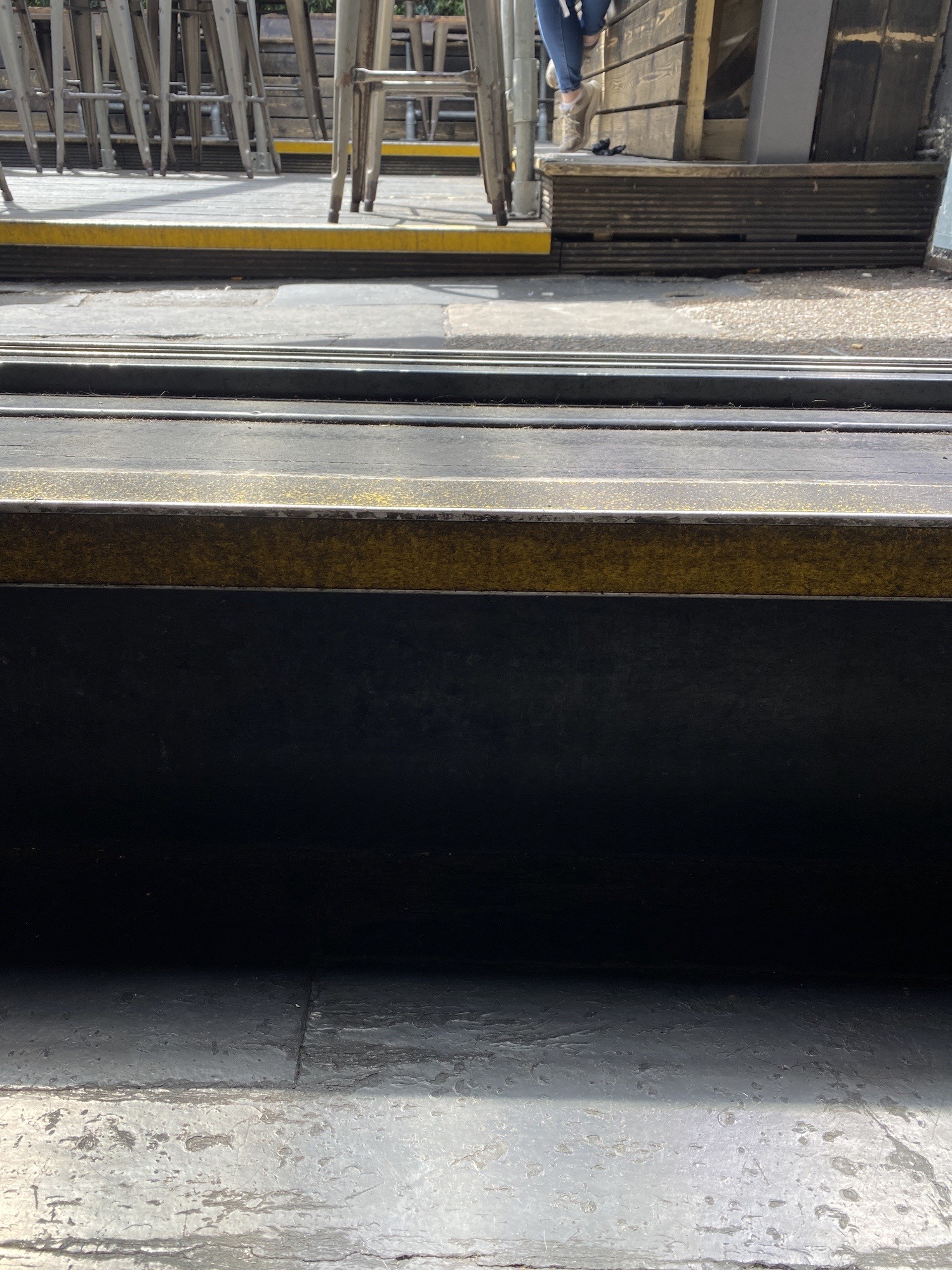 Step before door with yellow textured corner.