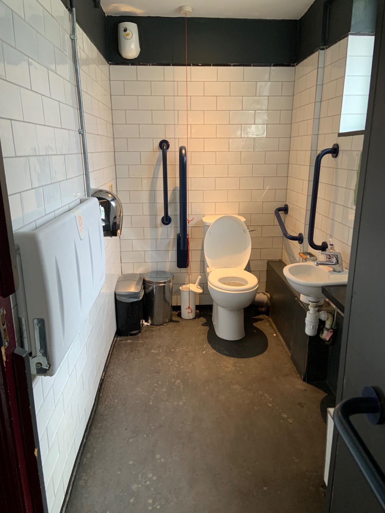 View from bathroom door. Baby changing table along left side. Toilet in centre of back wall. Sink in centre of right wall.