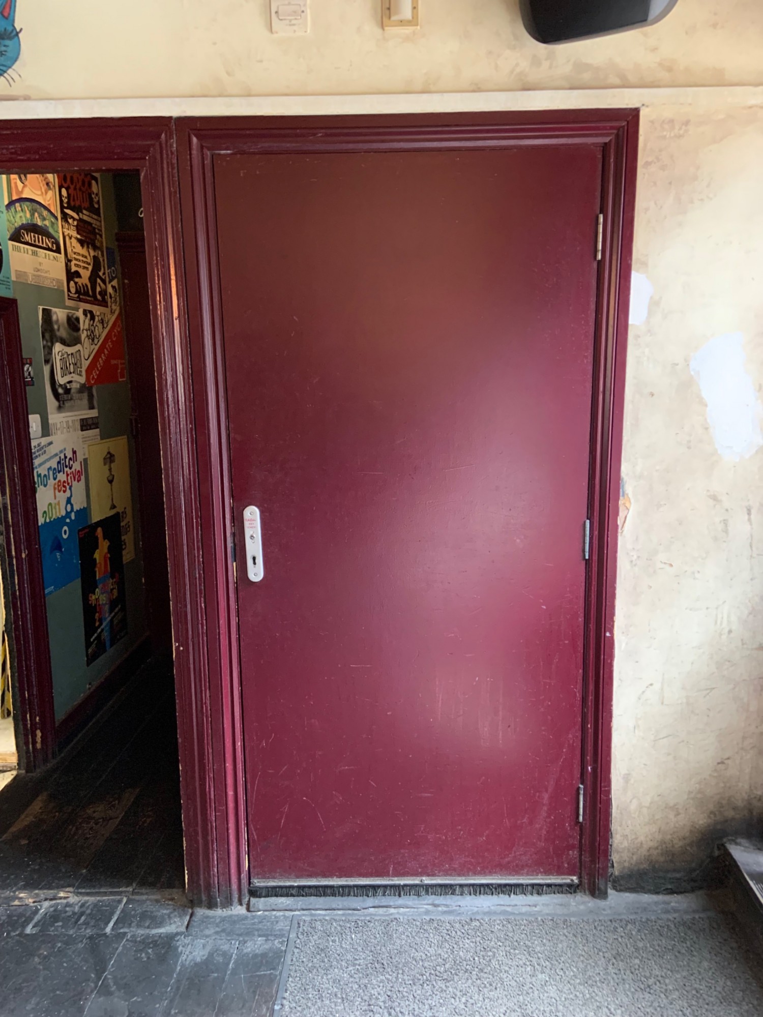 View of bathroom door. Pull to open on left via radar key on left side.
