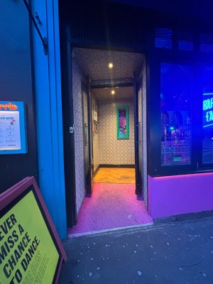 Archway ahead followed by a pink built in ramp. Glass doors with wooden frame after built in ramp. Pull golden handles at center to open.