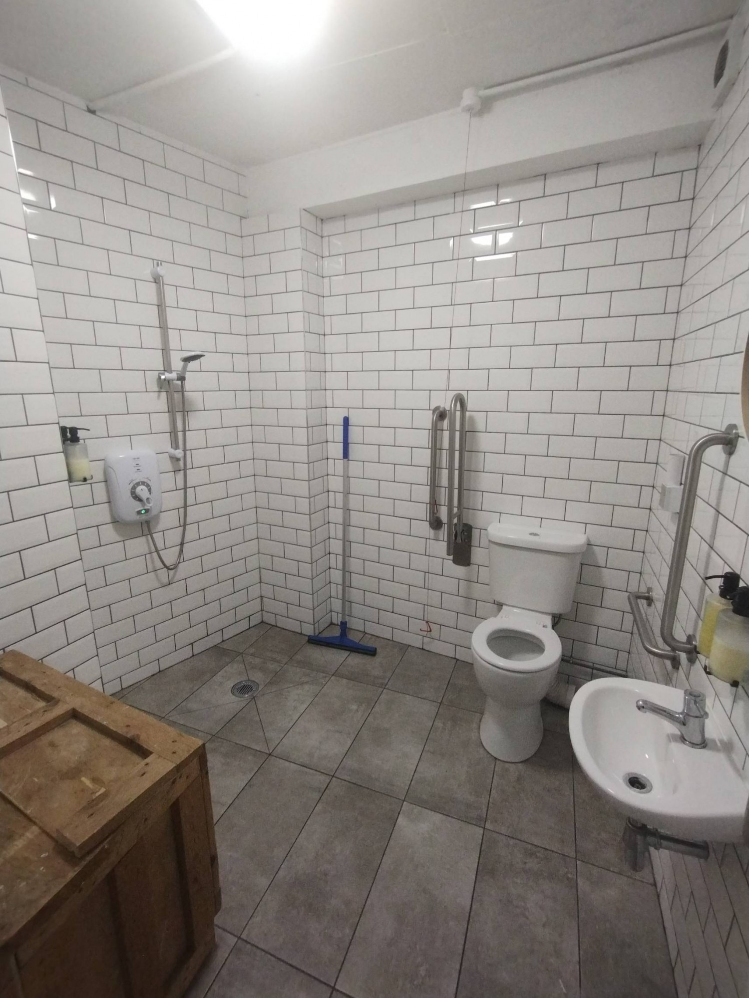 Looking straight from door. Sink right, bathroom in front. Grab rails on both sides of bathroom and sink. Emergency cord left of bathroom. Shower left.