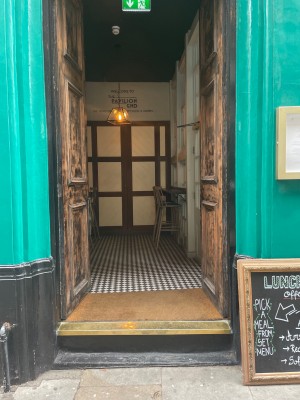 Wooden doors ahead. Push doors to open from centre.