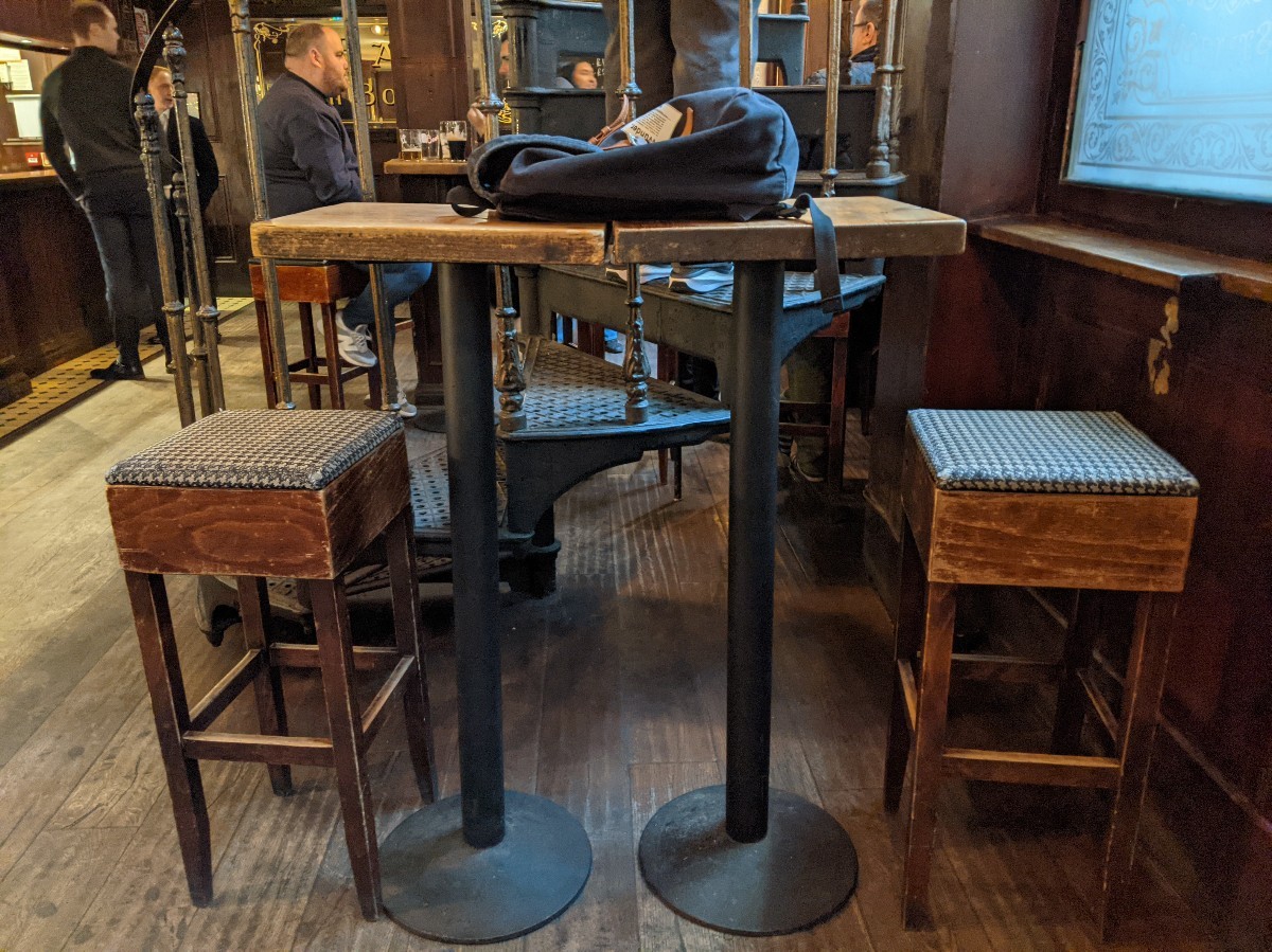 From entrance facing right. High tables with stools ahead. Stairs to upstairs behind. Bar along left.