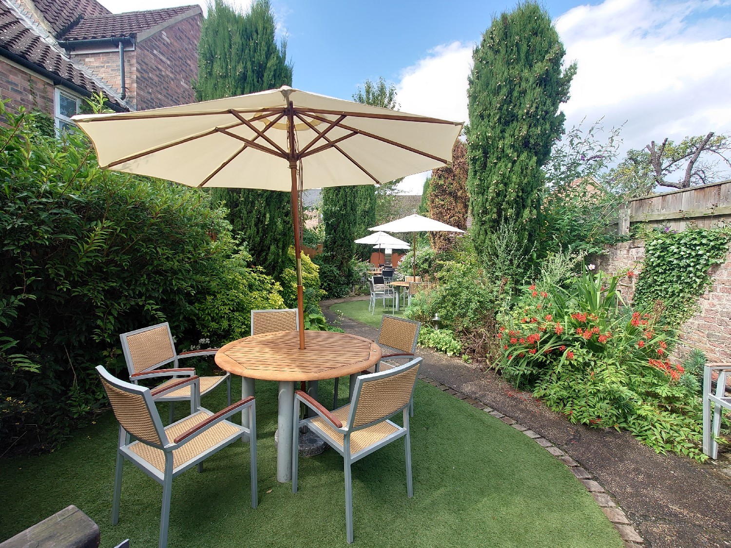 Outdoor seating with umbrella