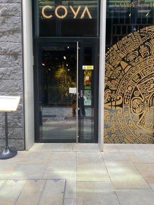 Facing first door to entrance. Glass door. Handle on right. Push to open. Pavement preceding doorway at slight upward angle.