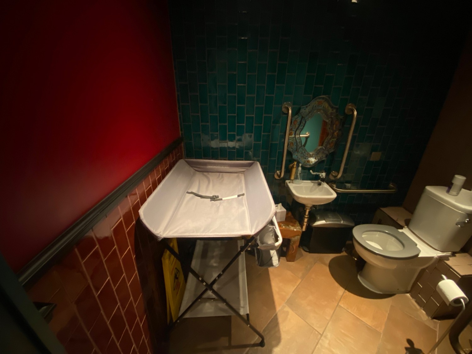 From entrance facing left. Moveable baby changing table. Sink, mirror to right of table. Grab rails either side of mirror. Bin under sink.