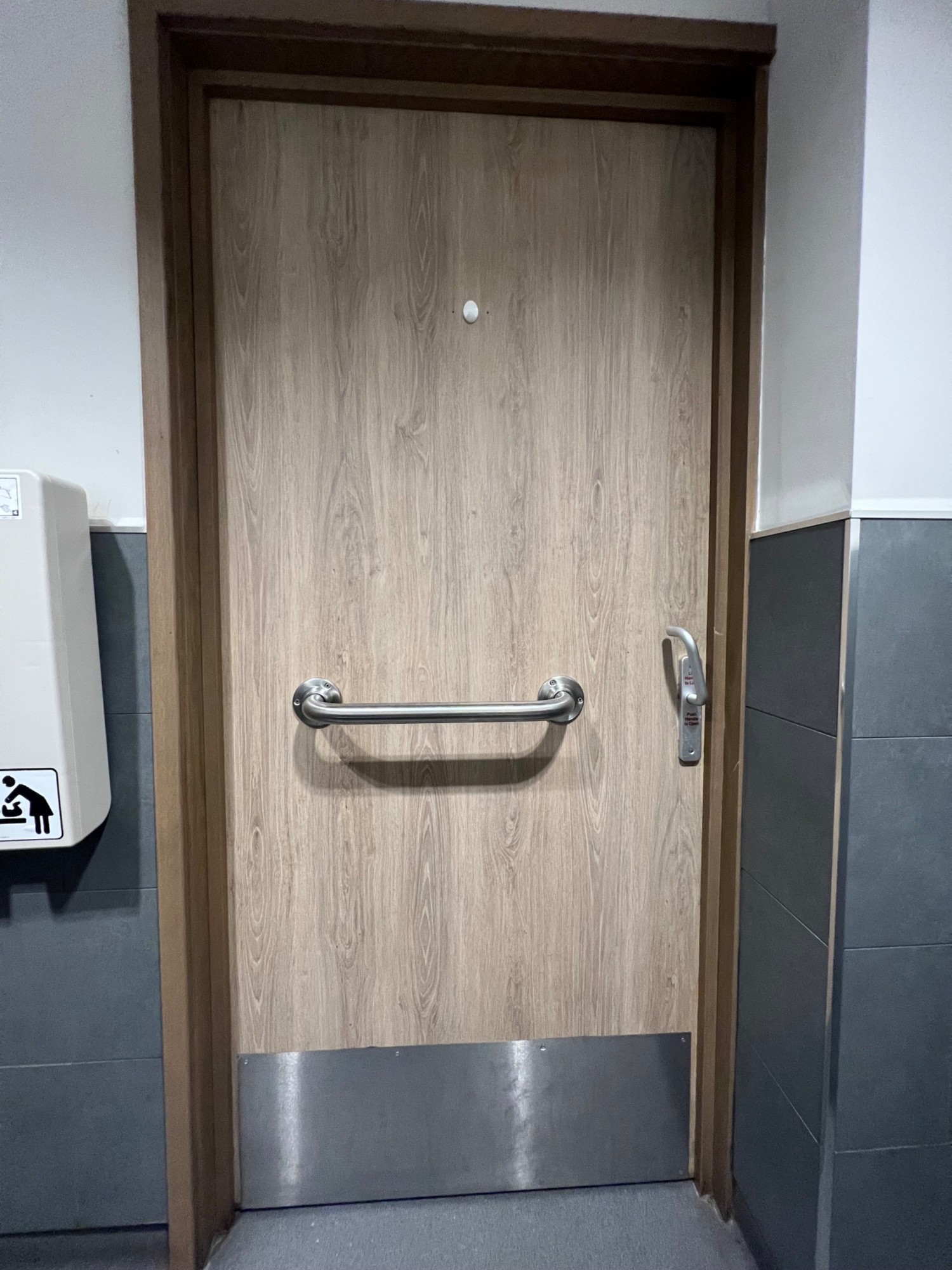 Inside of bathroom door. Radar handle to the right of door opening outwards from right to left. Grab rail in centre of door