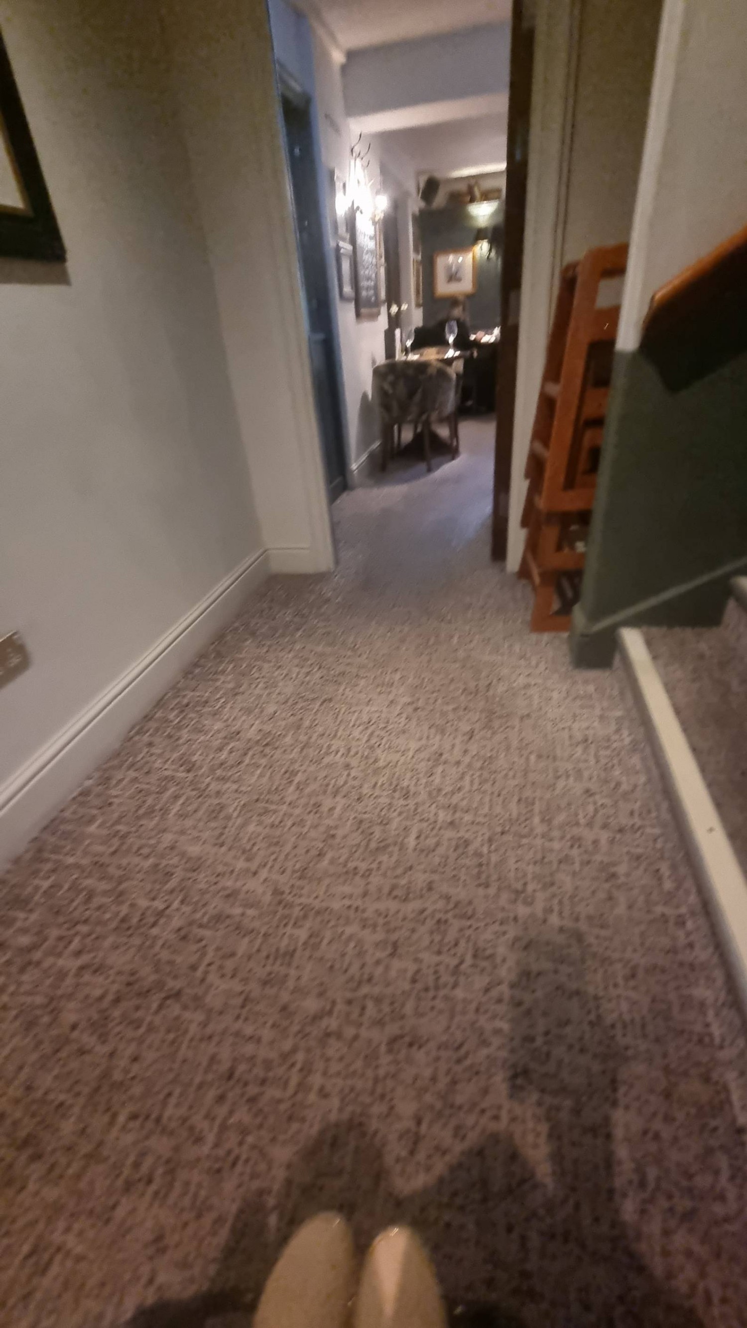 Door way to bathroom. Carpet. Stairs to non accessible bathrooms
