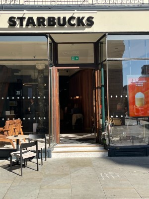 Double glass doors in brown wooden frames. Push gold metal panels from centre to open.