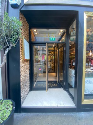 Preceding push glass door. Handle running in the middle.