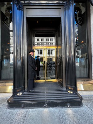 One step up on to platform that leads to entrance doors. Gold-framed double glass pull doors with handles in middle.
