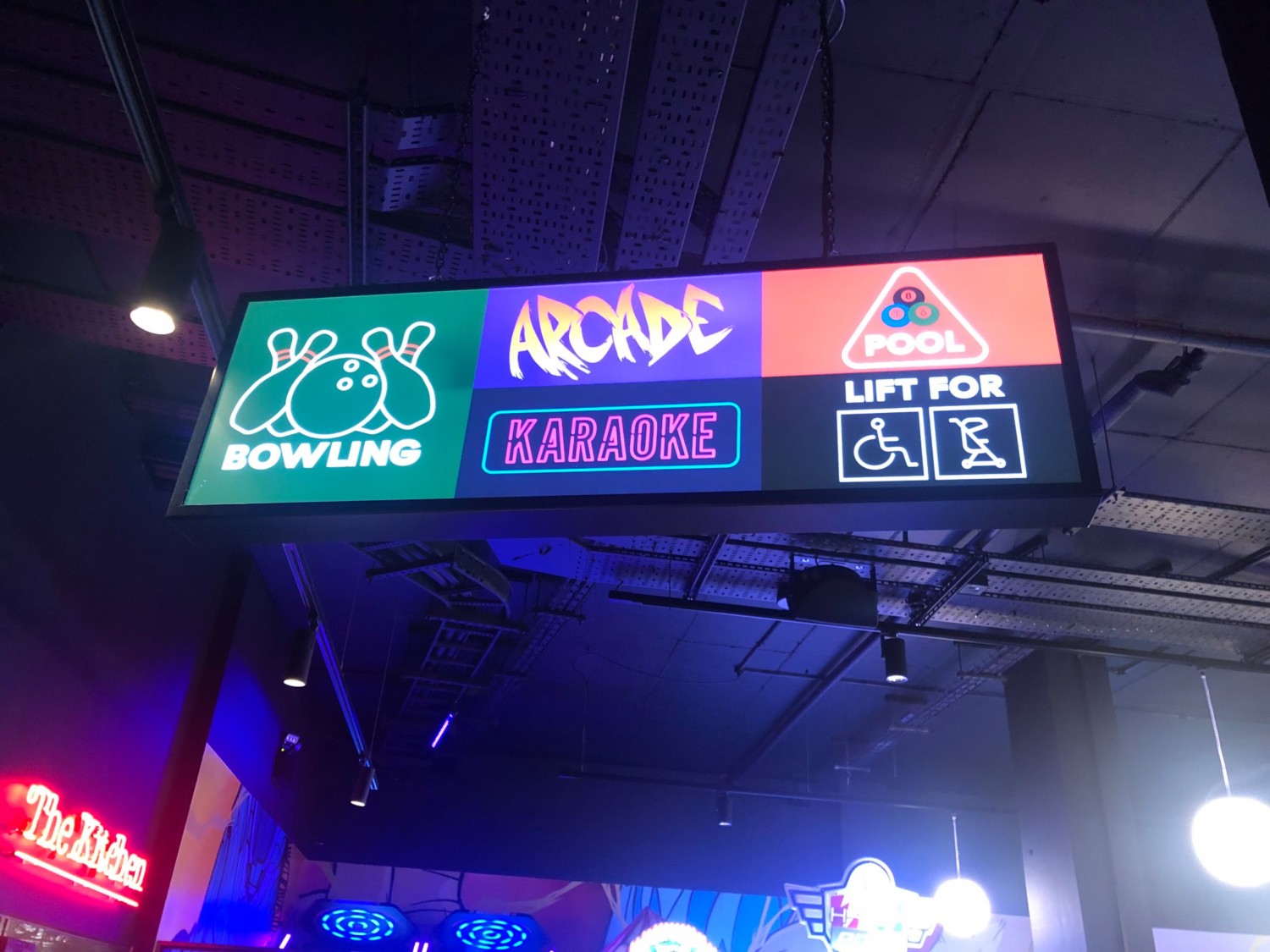 Signage for blocking, arcade, karaoke, pool and lift with wheelchair and pram symbols.