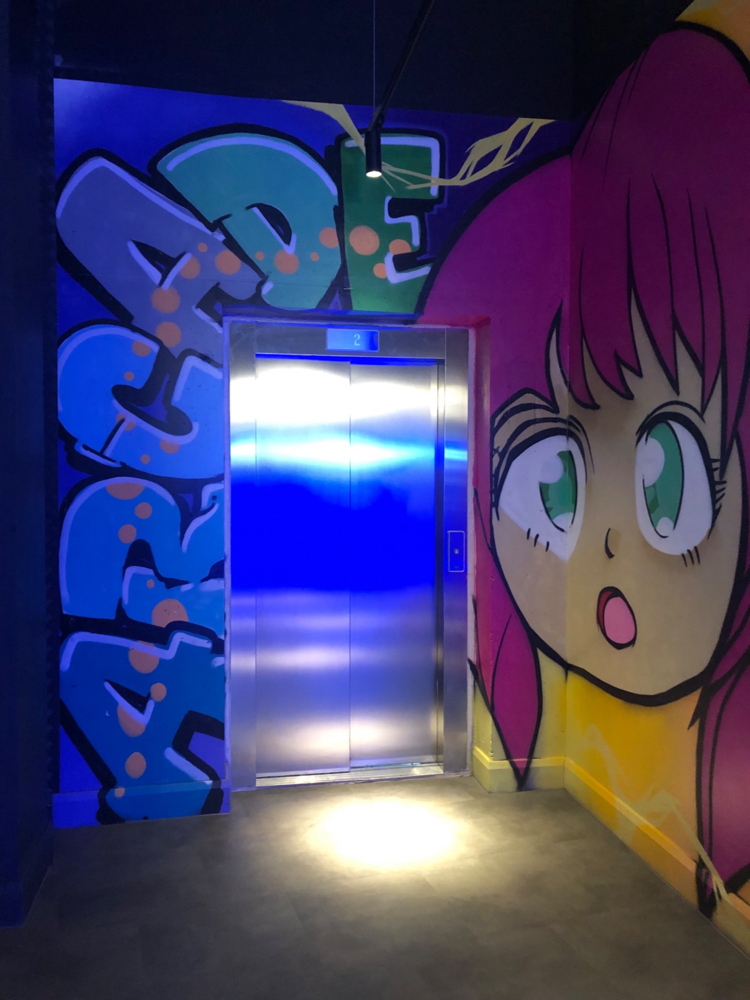 Lift from arcade area to upstairs cinema and mini golf. Lift doors are
Metal and surrounded by graffiti style painting of a manga character.