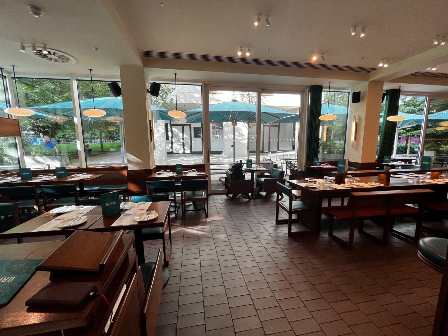 Main area from end of path. Seating on left and right.