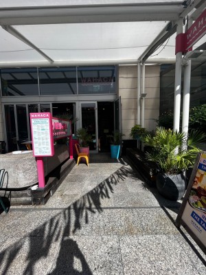 Path to doors from street. Doors ahead. Plants on either side obstructing. Chair on left slightly obstructing.