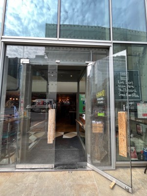Pull double doors handle in the middle.