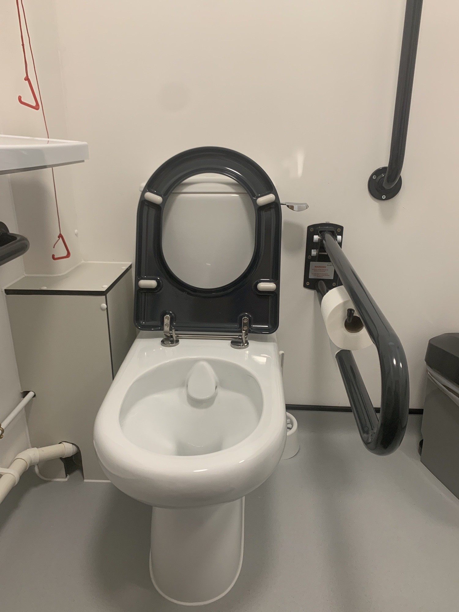 Colour contrasted grab rail on right side of bathroom. Toilet roll hangs on grab rail. Emergency pull cord on left side of bathroom