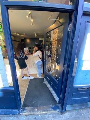 Blue-framed glass push door. Handle on left. One step along door.