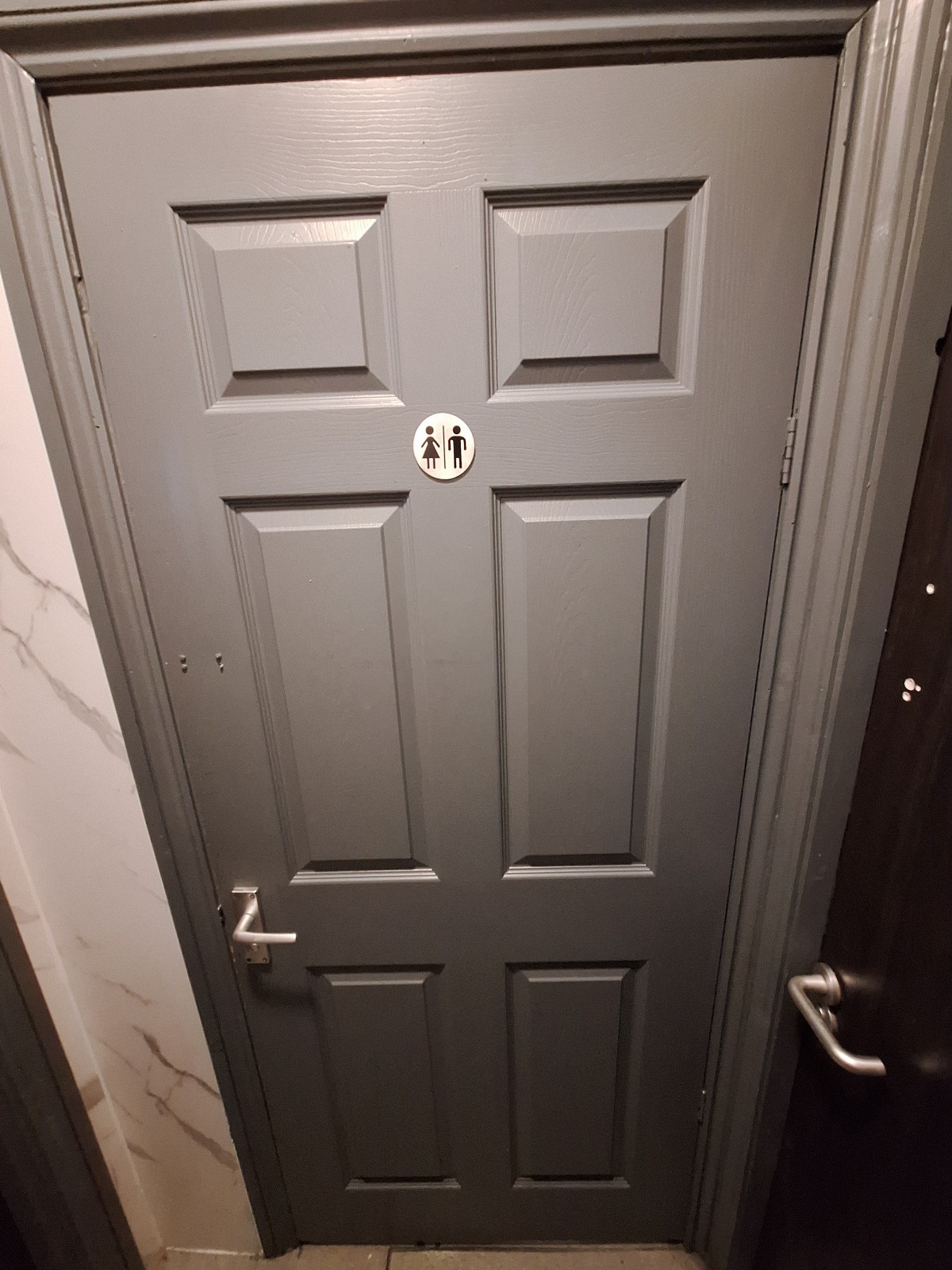 From door facing left. Grey door ahead. Pull metal handle on left to open.