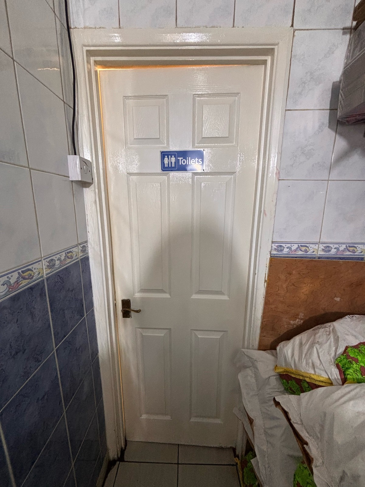 From end of path facing straight. Second preceding white bathroom door ahead. Push golden metal handle at center left to open.