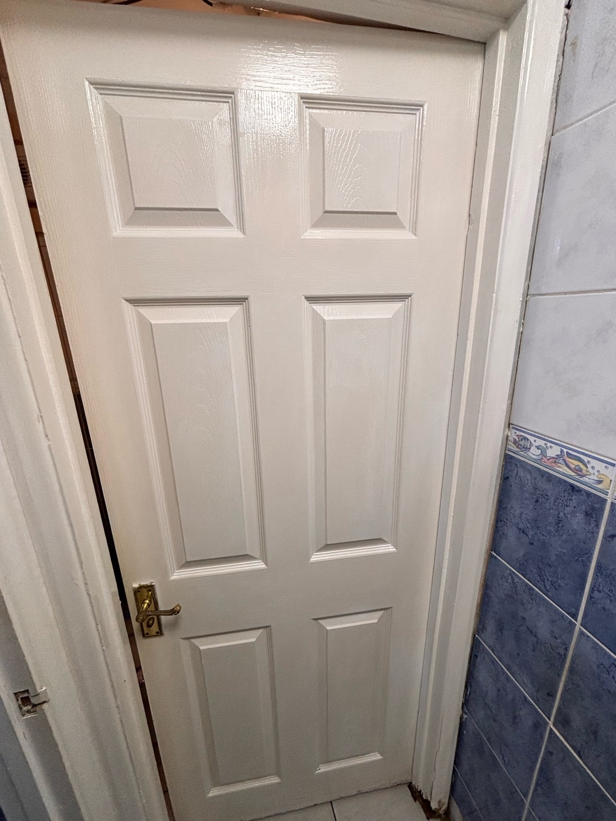 From door facing left. White bathroom door ahead. Push golden metal at left to open.