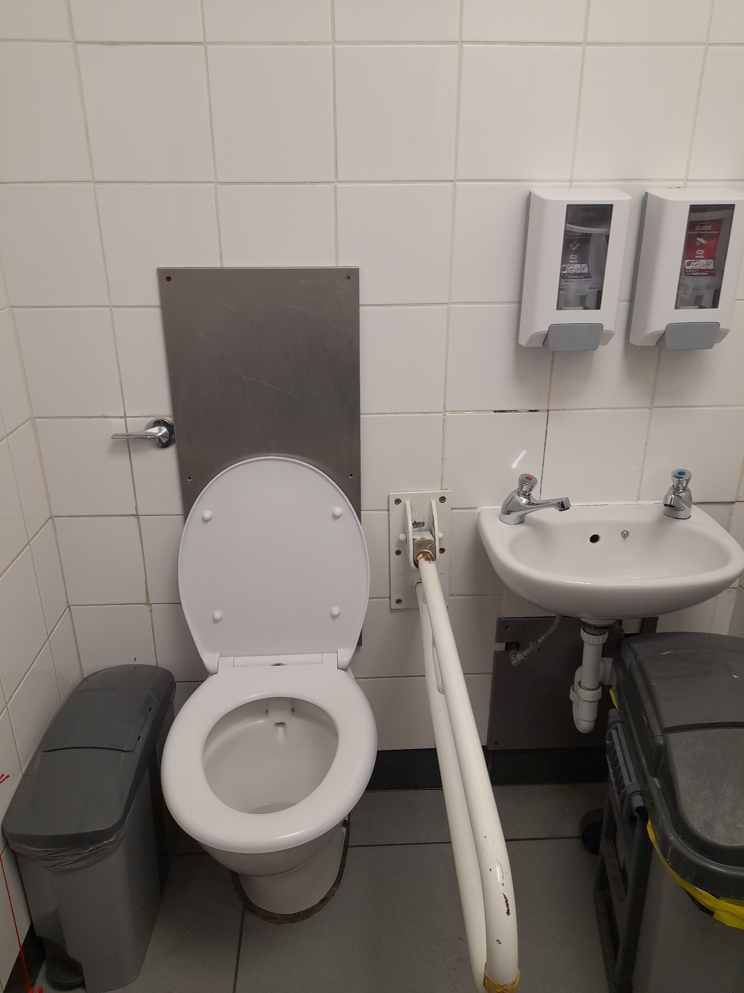 White fold down grab rail on a white wall 

Bin under the sink

Bin next to bathroom
