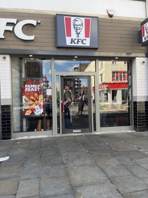 Wide door push with handle opens from left to right