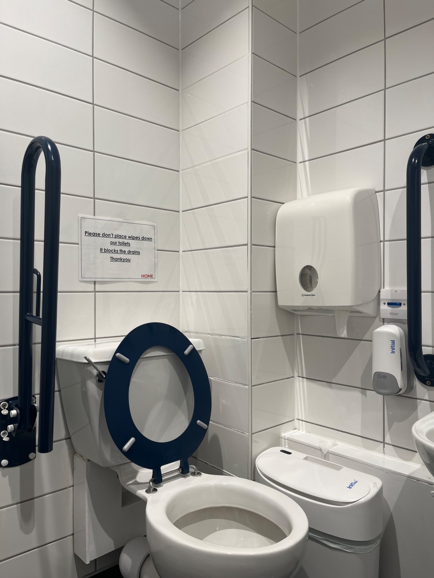 Toilet with contrasting grab rails and seat in radar key accessible bathroom