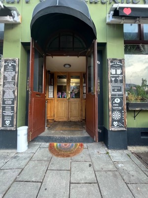 Wood-panelled glass door. One step up before door. Pull bass handles at centre to open.