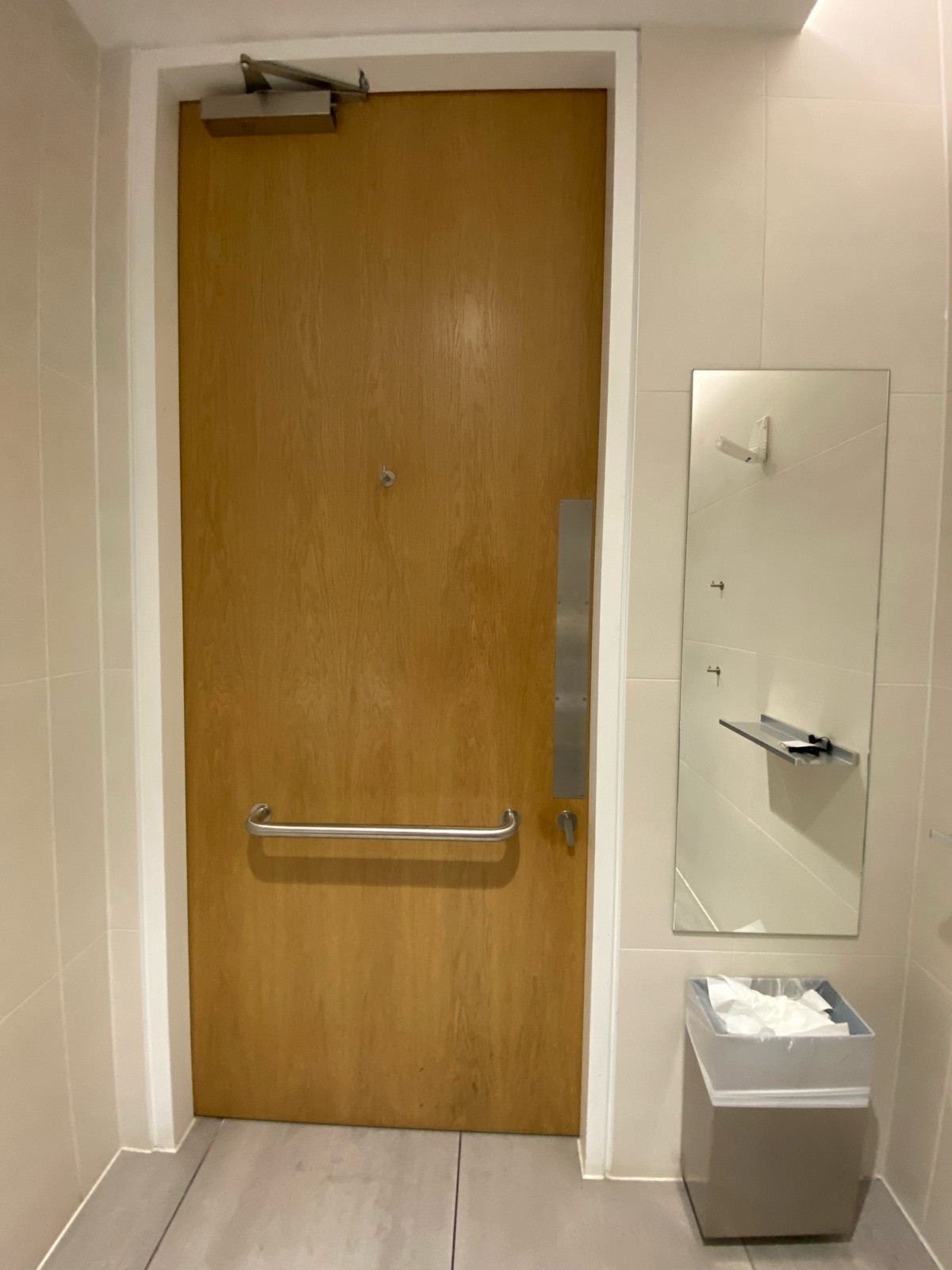 Back of wooden door. Metal grab rail in centre. Hanging hook in centre. Turn lock on right to open.