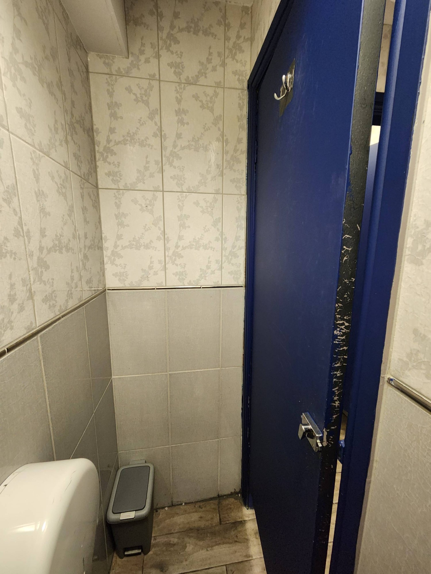 Back of bathroom door with high-hanging hook.