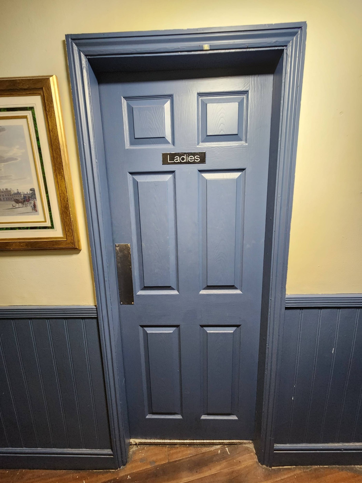 From bottom of staircase, looking straight. Ladies bathroom door. Blue door. Push from left to open.