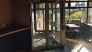 Double doors from inside the bar