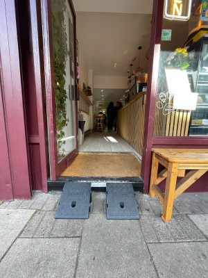 Ramp placed before step at threshold of door.