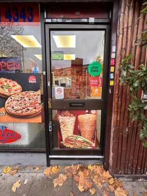 Metal and glass door. Pull from left.
