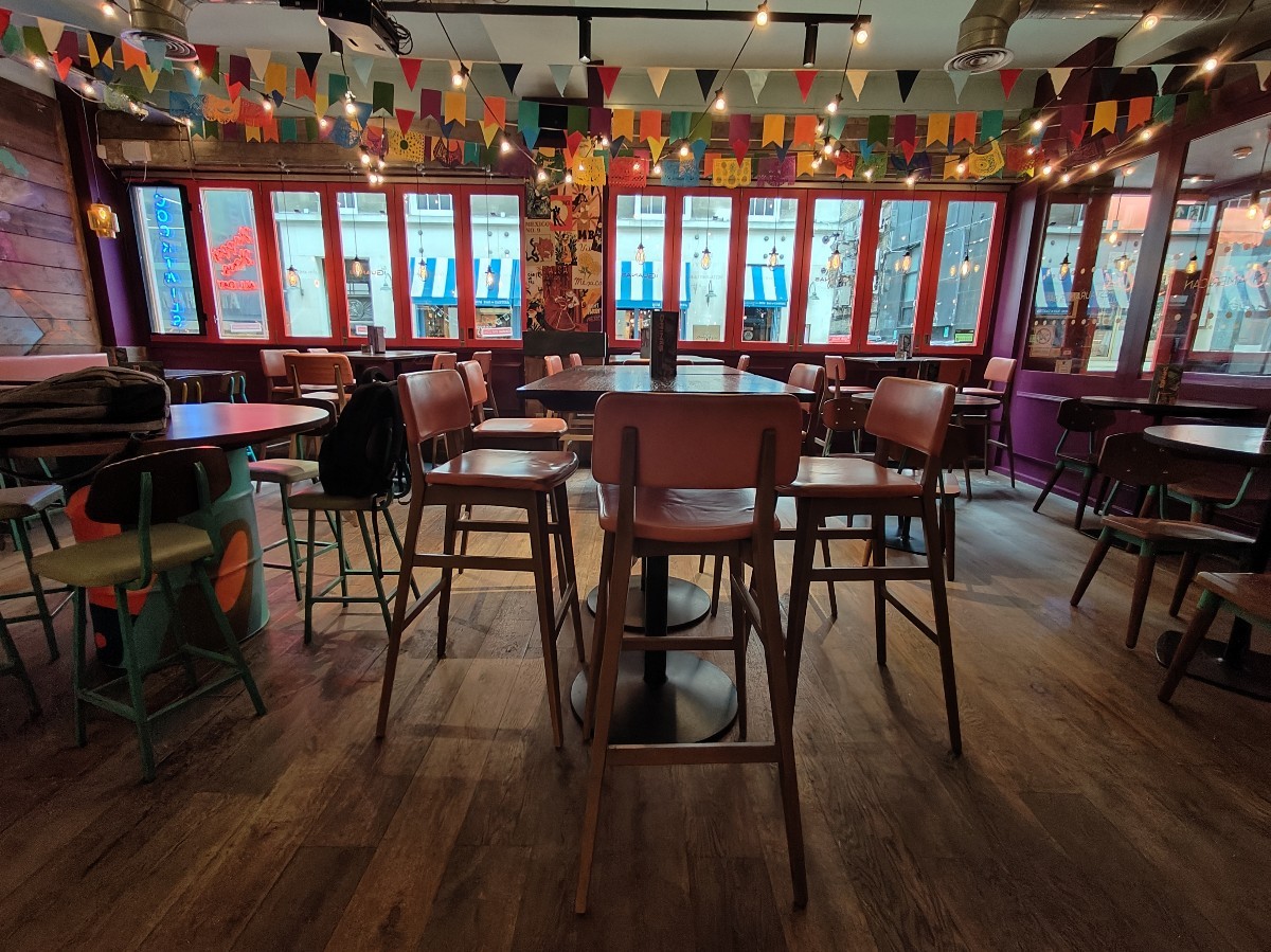 From beginning of bar facing right. Stools and high tables spread ahead and along back glass wall.