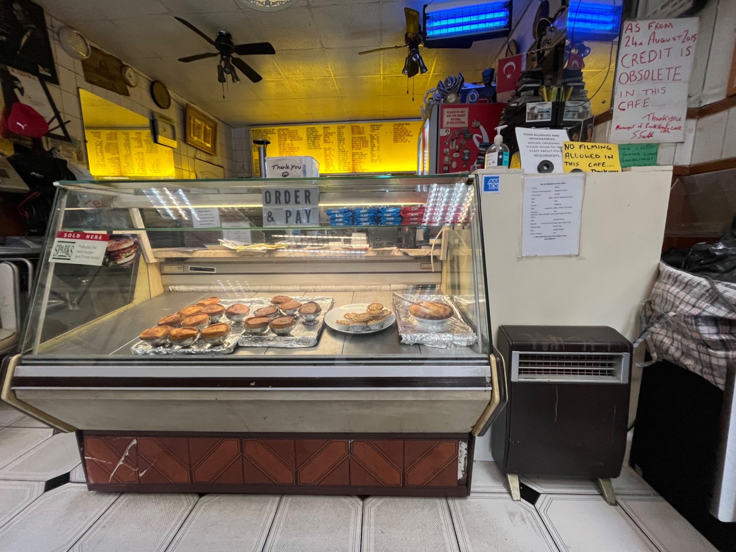 From end of seating facing straight. Counter to order straight ahead.