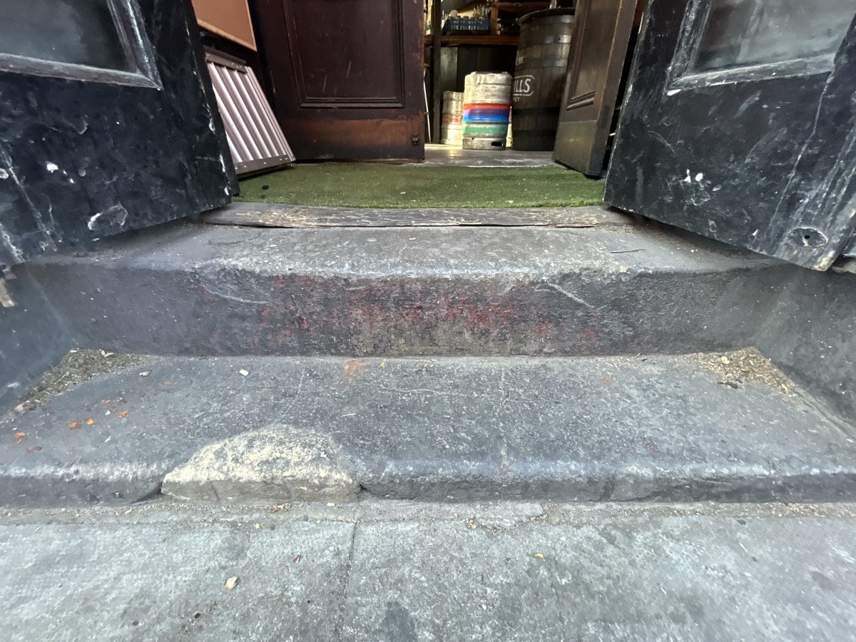 1 small step, then a larger step up to doors. Small bump at foot of door followed by doormat.