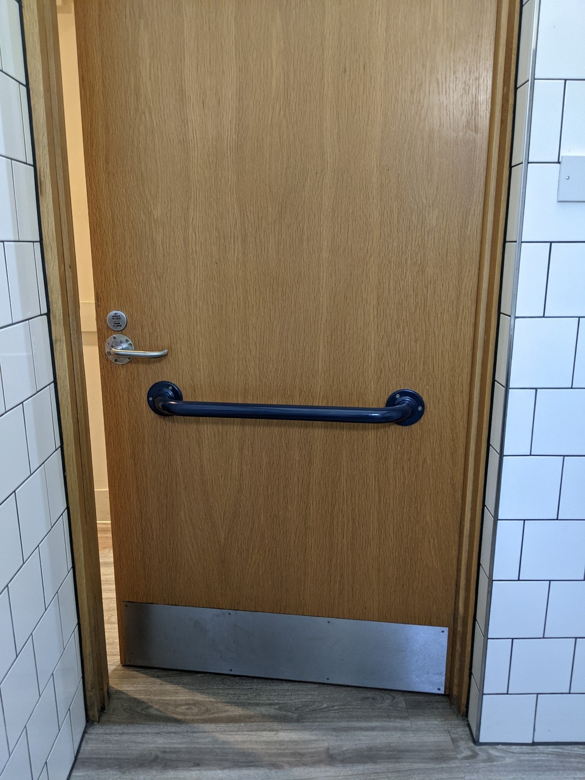 Back of toilet door. Blue, metal grabrail in middle. Silver lock and handle on left.