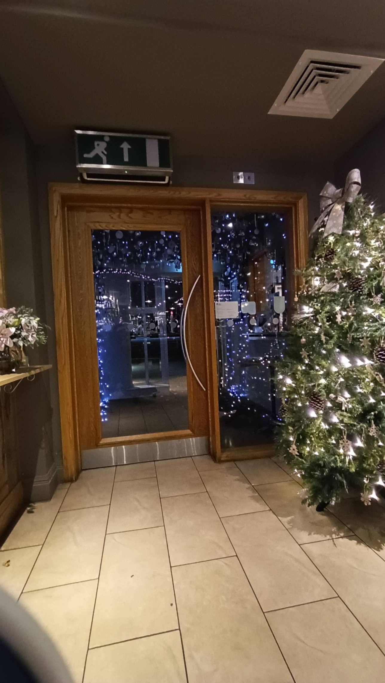 Second entrance door from inside angle, wooden framed manual door, metal large handle, glass panel.