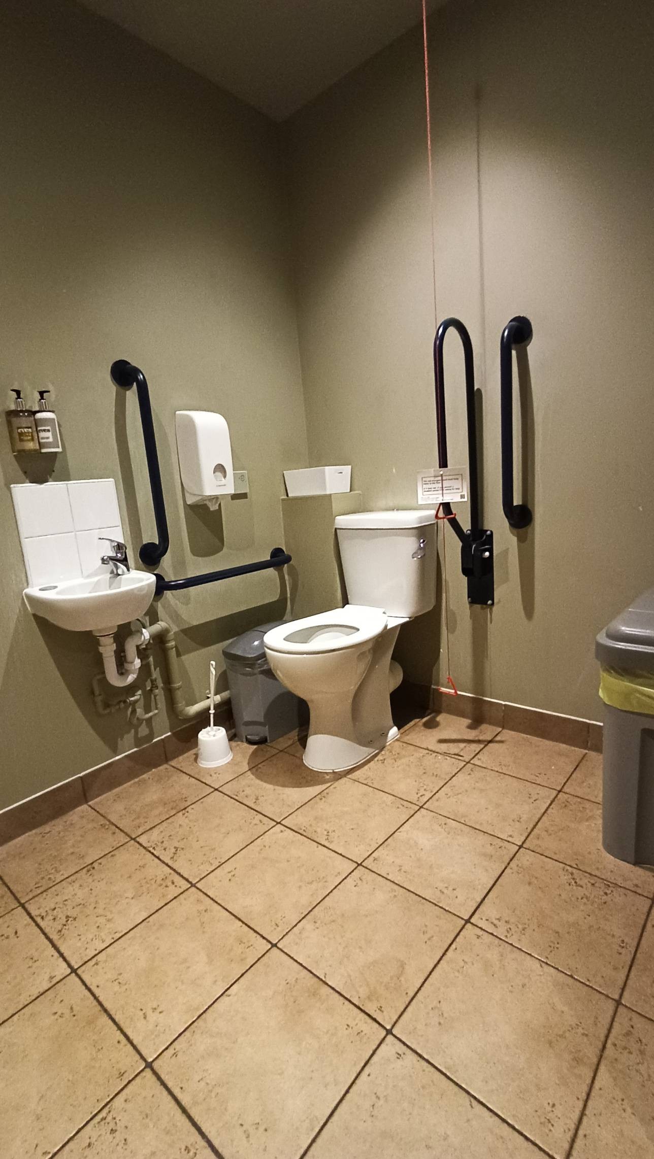 Different angle of above photo with toilet central, moveable grab rail, right hand transfer toilet. Nappy bin in right corner.