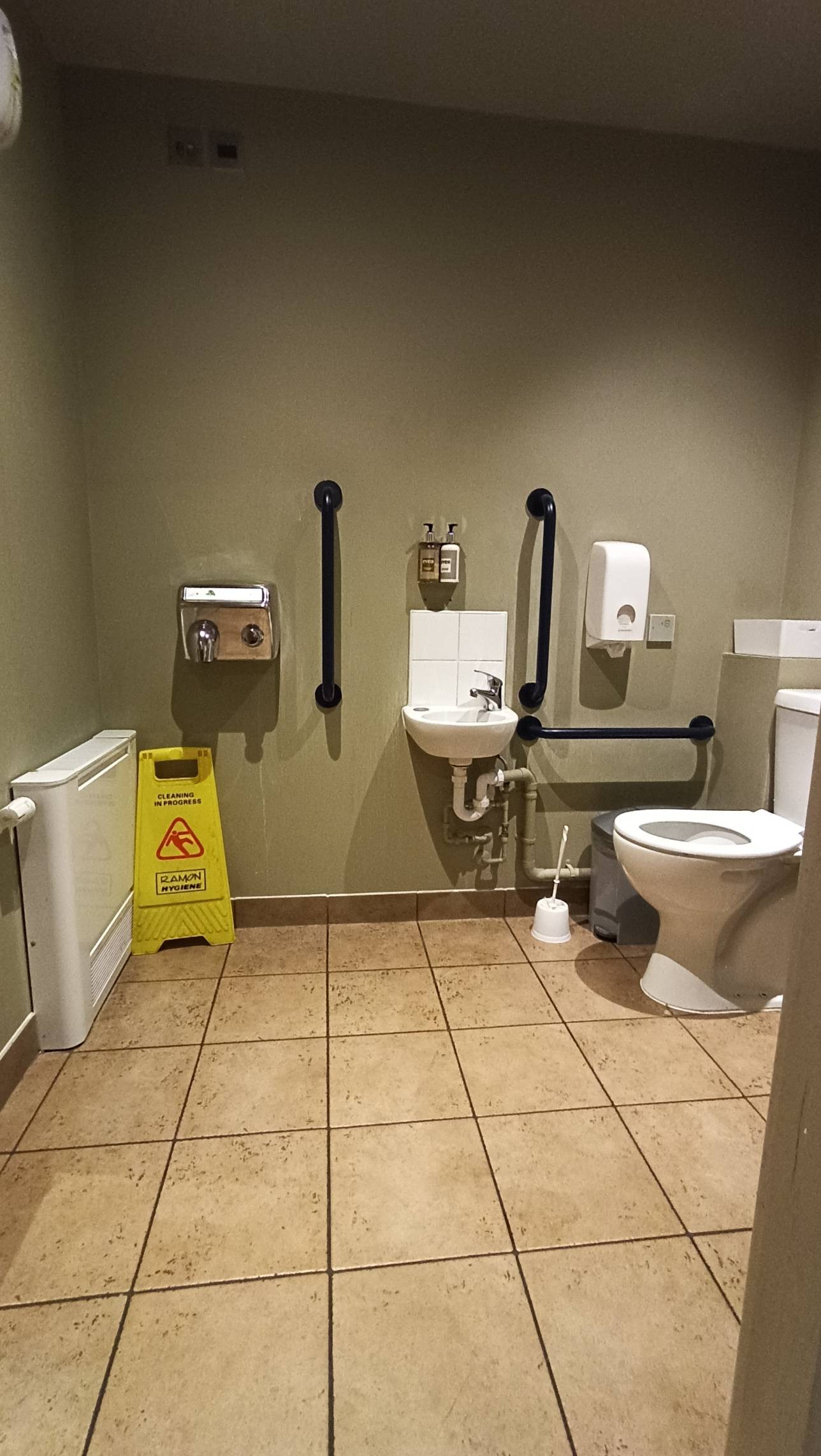 Inside bathroom, tiled flooring, colour contrasted grab rails, seat height sink and hand dryer