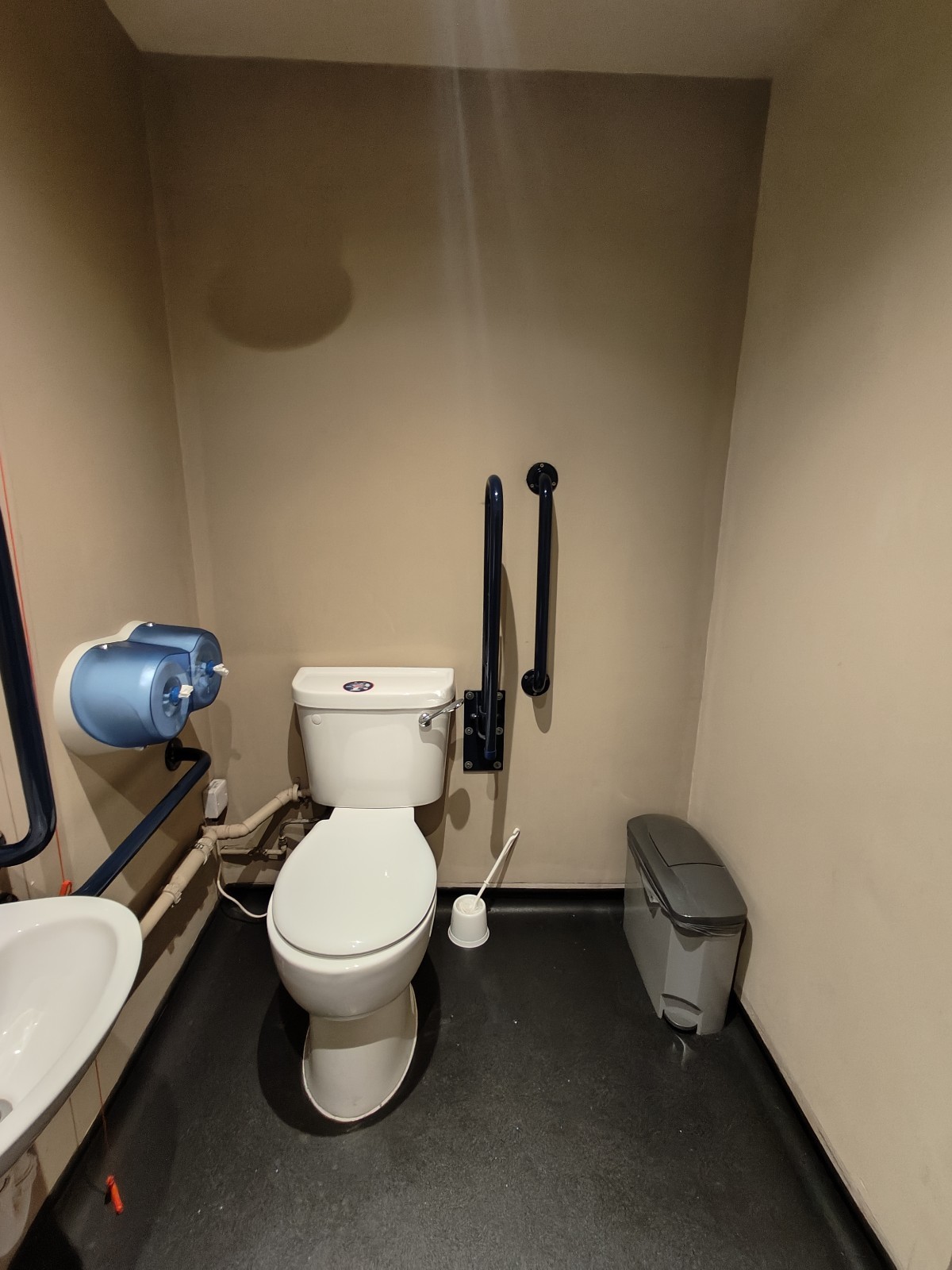 From door facing right. Sink on left. Toilet at back left. Pull cord to its left.